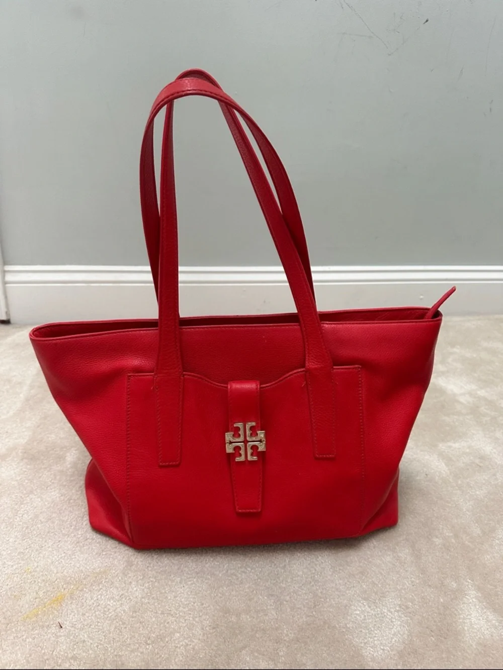Tory Burch Red Pebbled Leather Tote with Gold Logo